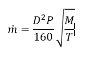 Le débit massique, noté m-point, est donné par l'équation : D au carré multiplié par P divisé par 160, multiplié par la racine carrée du rapport de M sur T.