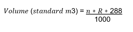 Le volume en mètres cubes standard est égal à n multiplié par R multiplié par 288, le tout divisé par 1000.