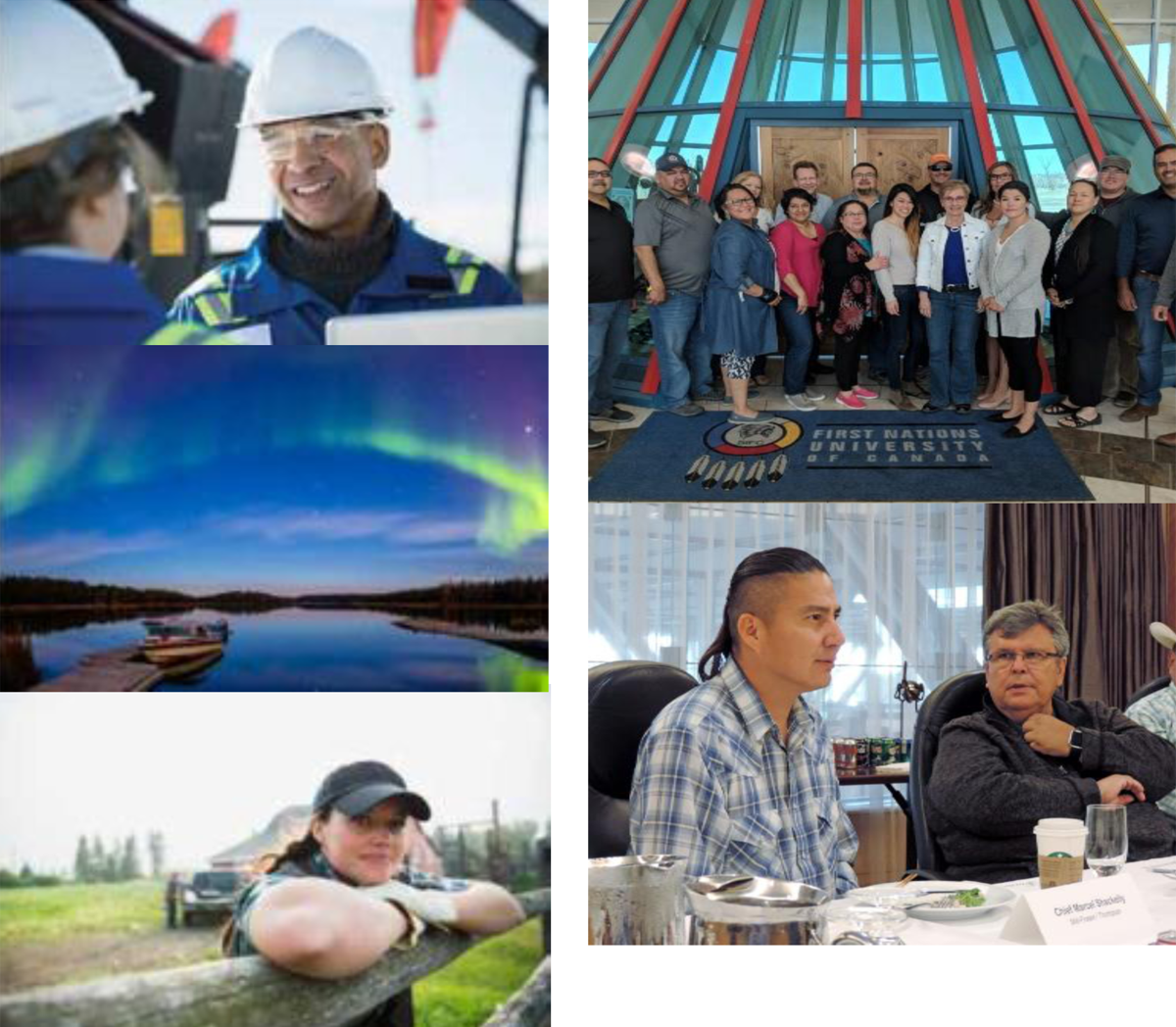 À gauche en haut &ndash; Deux personnes qui parlent À gauche au milieu &ndash; Aurores boréales; À gauche en bas &ndash; Personne dans un champ; À droite en haut &ndash; Personnes posant pour une photo de groupe; À droite en bas &ndash; Deux personnes assises à une table