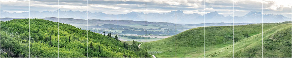 Collines verdoyantes et montagnes en arrière-plan