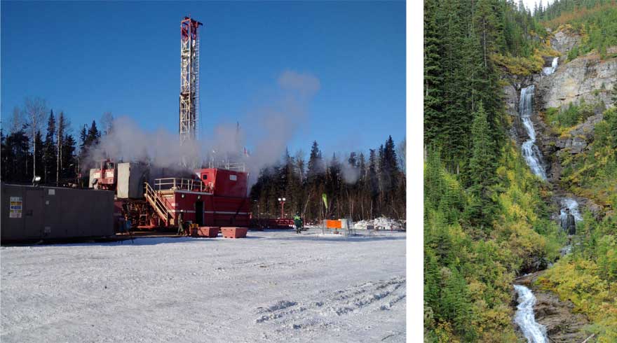 Usine de traitement du gaz en hiver et chute d’eau dans une région boisée