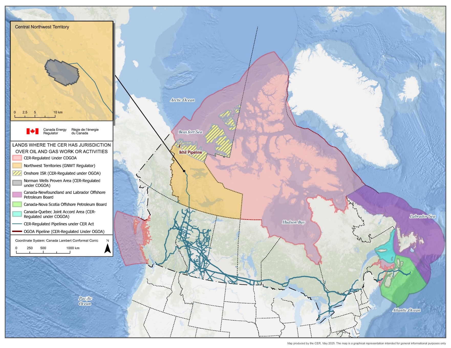 Map of Canada highlighting areas under Canada Energy Regulator (CER) jurisdiction for oil and gas activities.