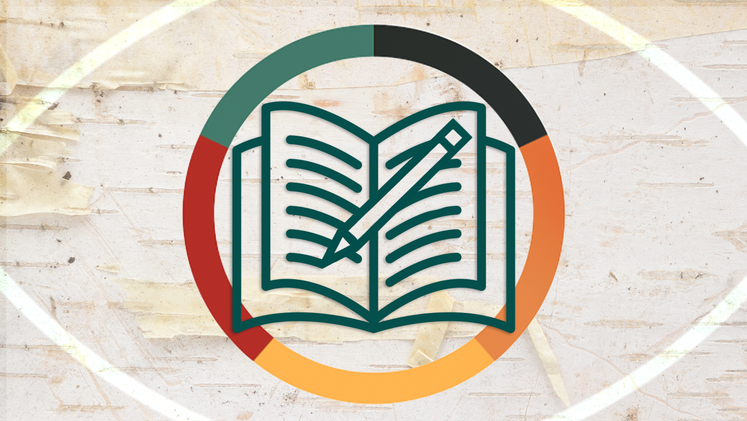 Symbole d’un livre ouvert avec un crayon, représentant le mandat du Comité consultatif autochtone, à l’intérieur d’un anneau coloré sur un fond d’écorce de bouleau.