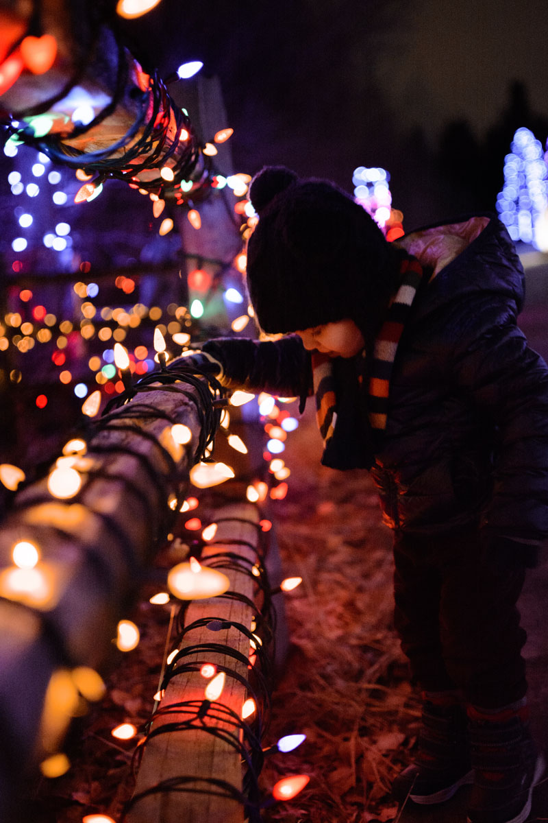 Un enfant qui regarde les lumières de Noël.