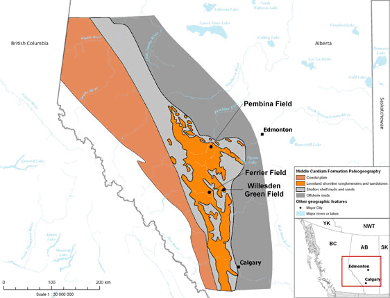 Figure&nbsp;11 - Map of dispositional setting during Middle Cardium shale deposition