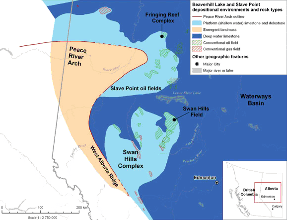 Figure&nbsp;15 - Map of depositional setting during Beaverhill Lake and Slave Point deposition