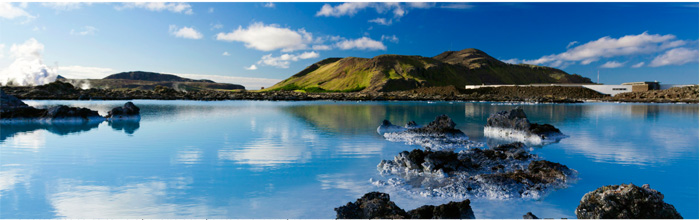 Blue Lagoon in Iceland, the geothermal power station is in the distance