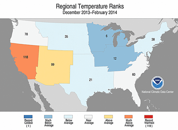 Figure 5.5: Températures enregistrées aux États-Unis de décembre 2013 à février 2014