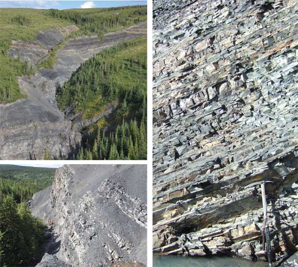 En haut et en bas à gauche : Formation de Besa River, partie est des monts Caribou, en Colombie-Britannique; À droite : Affluent de la rivière Whitefish, dans les monts Franklin.