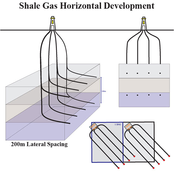 Figure&nbsp;7: Schematic of a multi-well drilling pad and multiple horizontal wells originating from the same wellsite