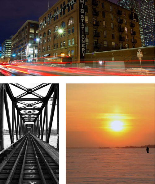 Top: Commonwealth Peak in Kananaskis Country, bottom left: cross-section view of empty pipe, bottom right: above ground pipeline valve