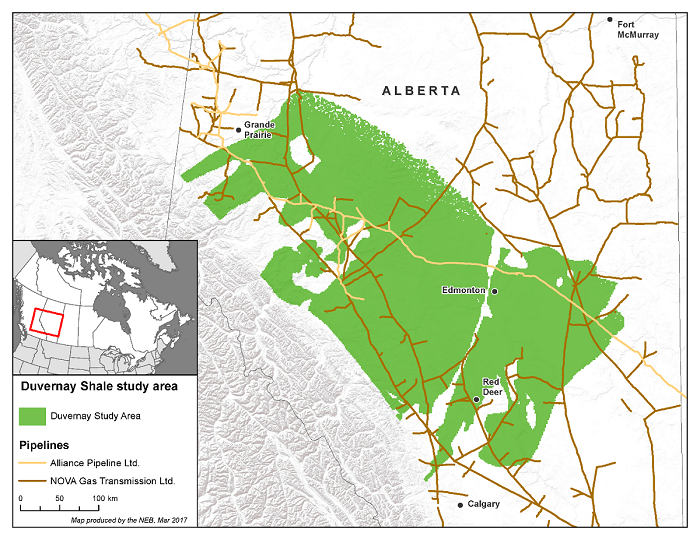 This map illustrates the location of the Duvernay Shale study area in Alberta. The formation lies beneath ground near Grand Prairie, stretching along the foothills, past Red Deer. Superimposed on the map are the pipelines owned by Alliance Pipeline Ltd. and NOVA Gas Transmission Ltd.