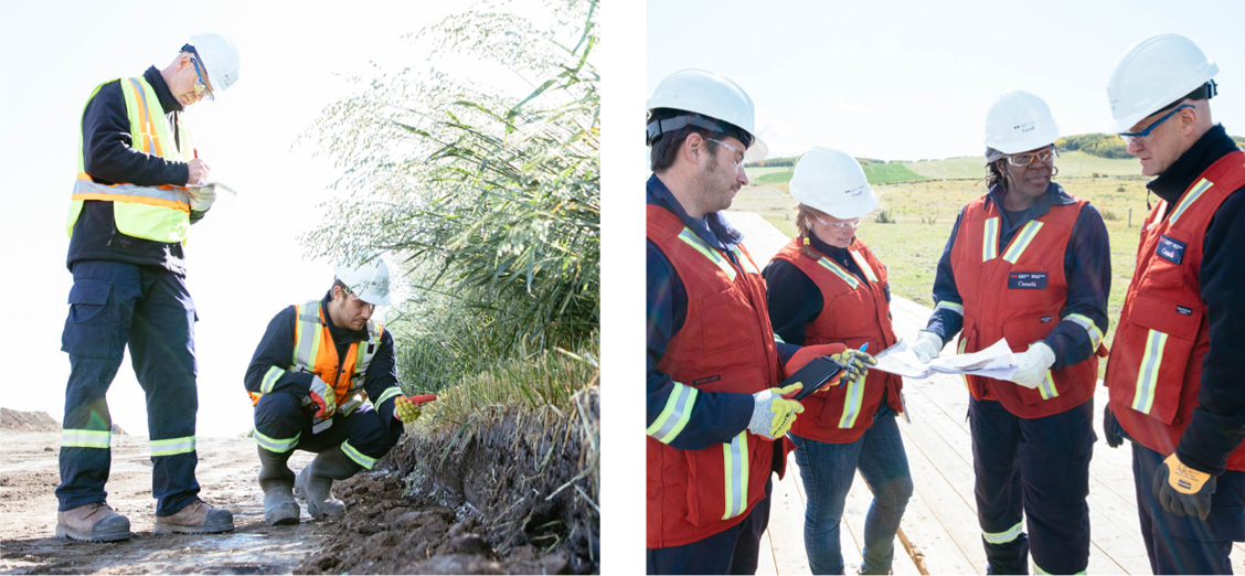 Two CER inspectors in PPE work outdoors, and four CER inspectors in PPE are having a discussion