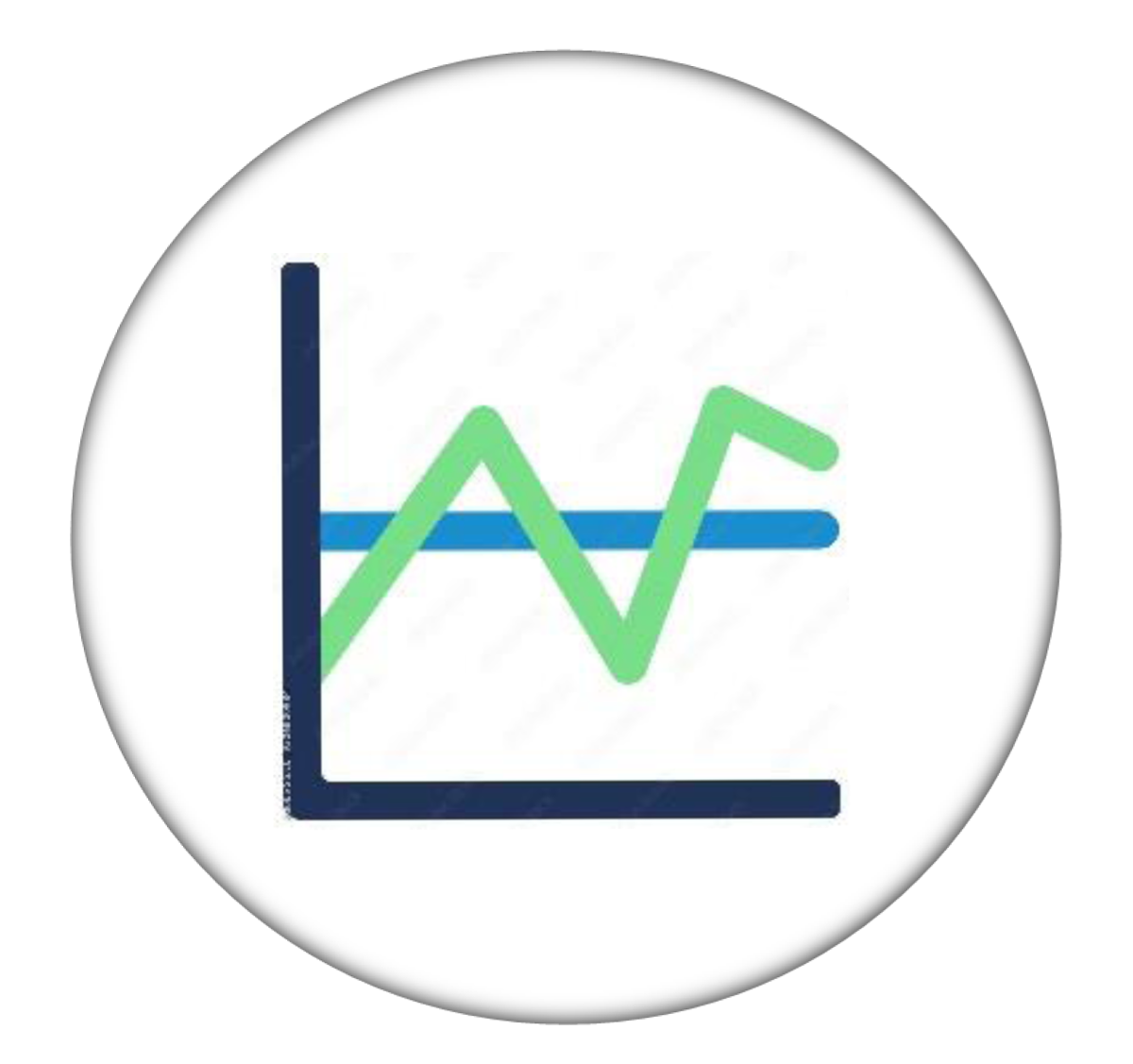 Un graphique qui comprend une ligne bleue horizontale (représentant le travail tel qu’imaginé) derrière une ligne verte en zigzag (représentant le travail tel que réalisé) est présenté dans un cercle blanc.