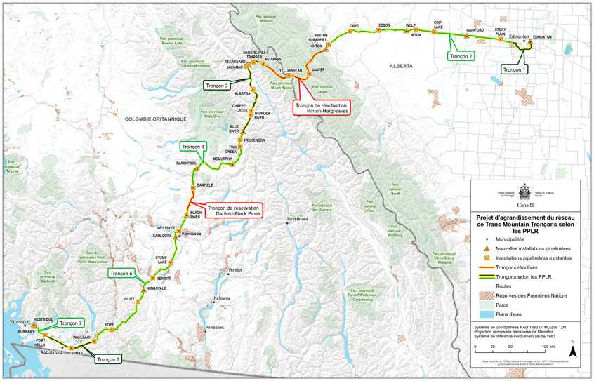 Projet d'agrandissement du reseau de Trans Mountain – Tronçons selon les PPLR