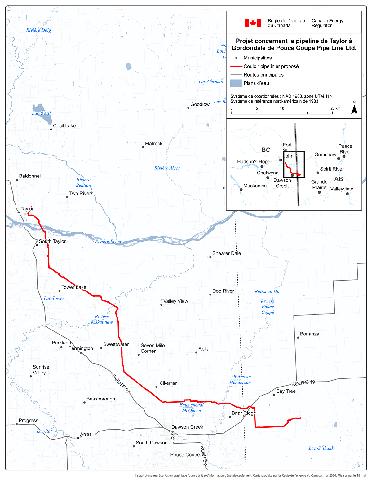 Carte &ndash; Projet concernant le pipeline de Taylor à Gordondale de Pouce Coupé Pipe Line Ltd.
