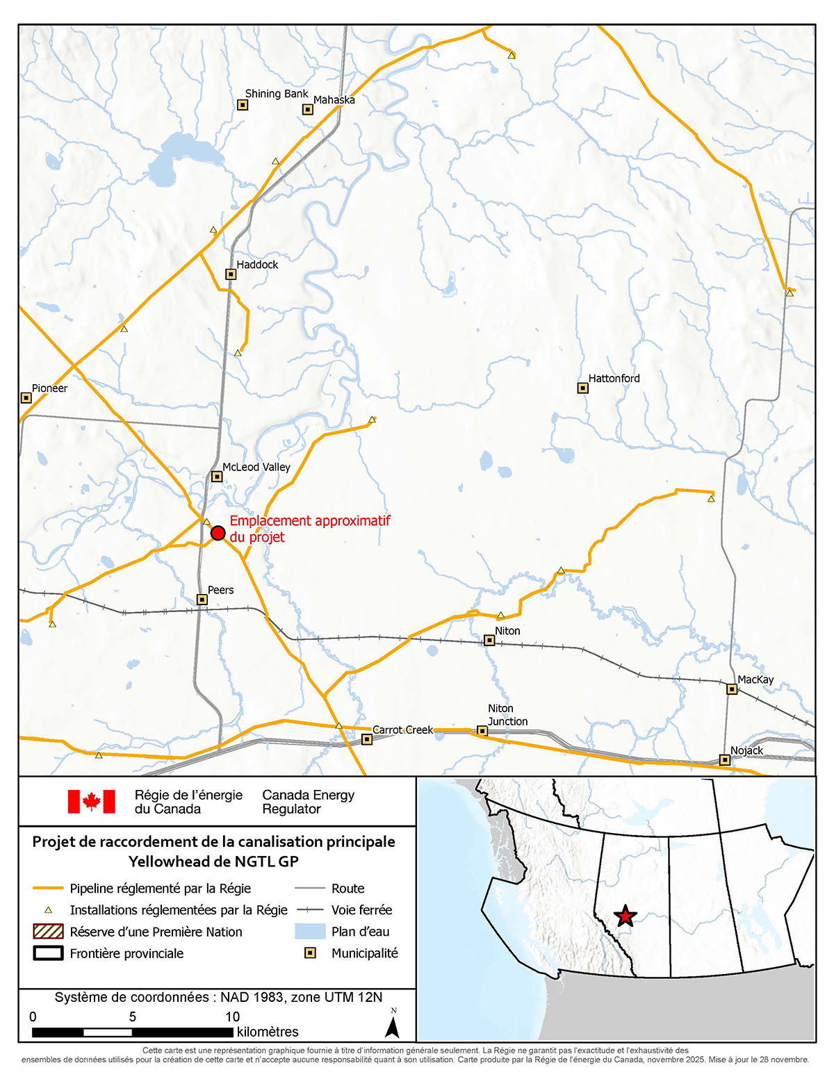 Carte du projet - NGTL GP Ltd., à titre de commandité, au nom de NGTL Limited Partnership – Raccordement de la canalisation principale Yellowhead