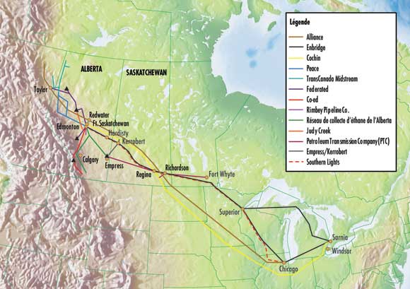 Figure&nbsp;4.1 - Principaux pipelines de LGN au Canada r&eacute;glement&eacute;s par l’ON&Eacute;