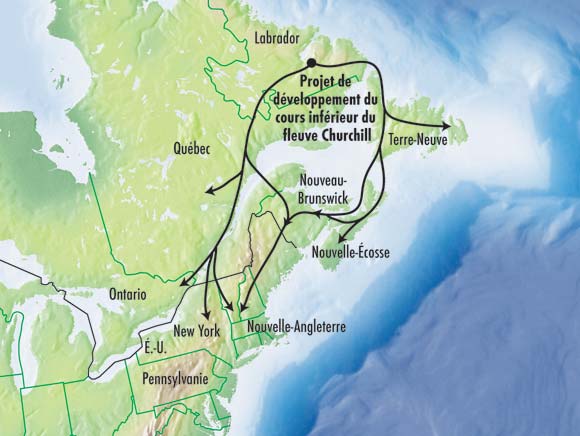 Figure&nbsp;5.3 - Trac&eacute;s potentiels d’exportation d’&eacute;lectricit&eacute; - Projet de d&eacute;veloppement du cours inf&eacute;rieur du fleuve Churchill