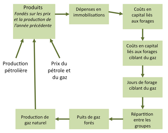 La figure 2.2 présente la méthodologie adoptée pour créer les projections de production de gaz naturel dans le BSOC. Il s’agit d’un processus séquentiel qui commence par une estimation des produits des producteurs au cours de l’année précédente, des prix du pétrole et du gaz naturel et de la production pétrolière. Ces données servent à estimer les dépenses totales en immobilisations pour le forage ciblant le gaz naturel. Cette information est ensuite utilisée pour faire une estimation du nombre de jours de forage ciblant le gaz naturel, que l’on attribue aux quelque 132 regroupements de ressources du BSOC en fonction de divers facteurs. Pour connaître la production de chaque regroupement du BSOC, on multiplie le nombre de puits dans chacun par le profil de production moyen des puits du groupe. On se sert ensuite de la production de gaz naturel pour estimer les produits au cours de l’année suivante, et le processus recommence.