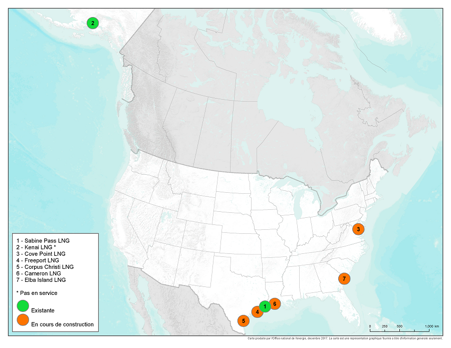 Figure 1 &ndash; Les terminaux d’exportation de GNL actuels et en construction en Amérique du Nord