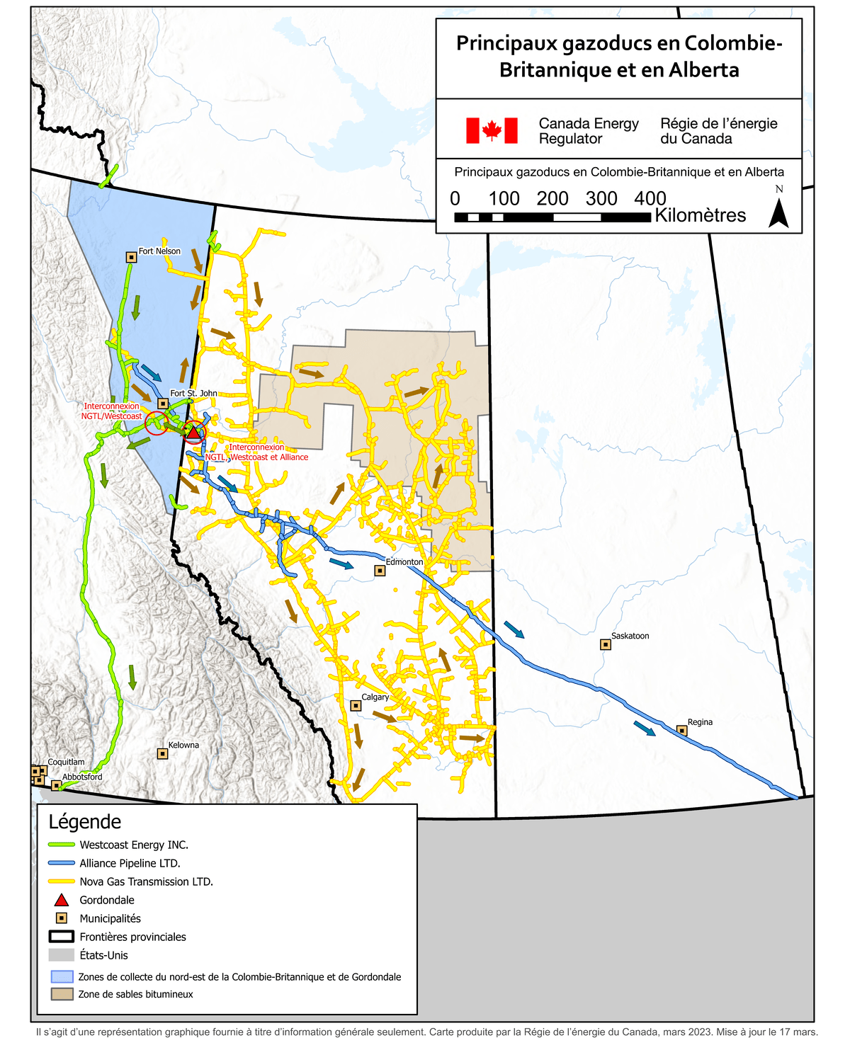 Une carte montre les trois gazoducs suivants&nbsp;: NGTL, Alliance et Westcoast. On y voit également Gordondale, les zones de collecte du nord-est de la Colombie-Britannique et de Gordondale, ainsi qu’une zone de sables bitumineux.