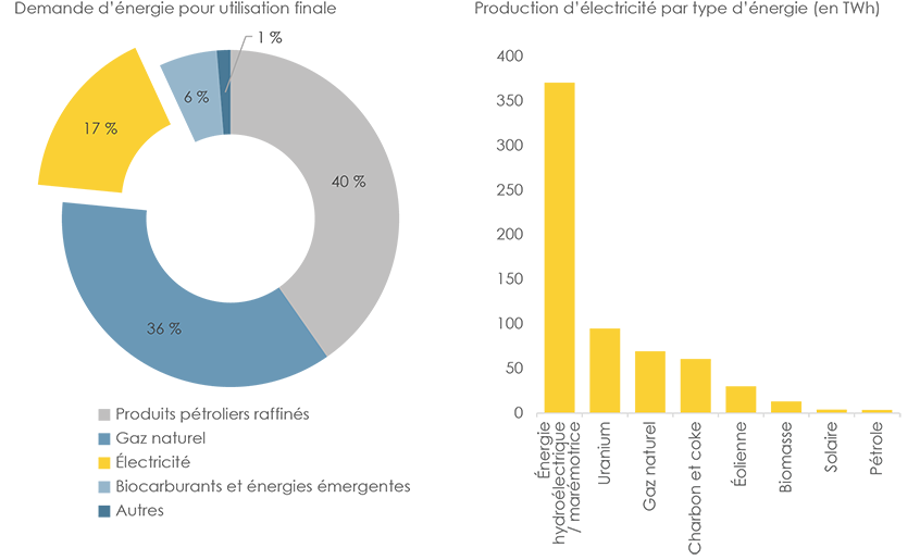 Figure&nbsp;12&nbsp;: Demande d’énergie pour utilisation finale et production d’électricité par source au Canada (2017)