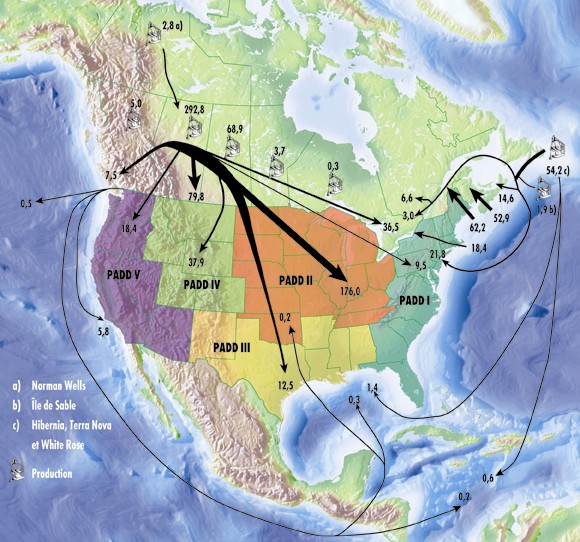 Figure&nbsp;1.4 -&nbsp;Approvisionnement en p&eacute;trole brut et utilisation en&nbsp;2008 (en&nbsp;103m3/j)