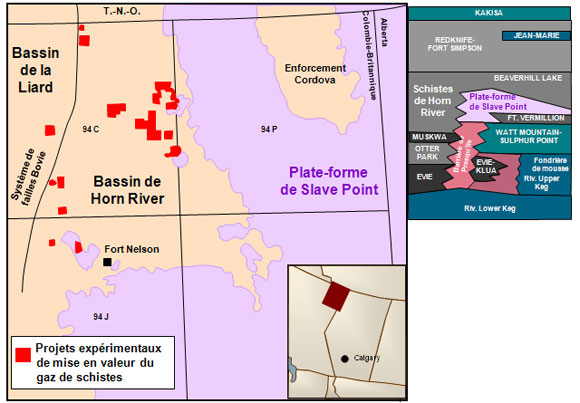 Figure&nbsp;12&nbsp;: Stratigraphie et emplacement du bassin de Horn River