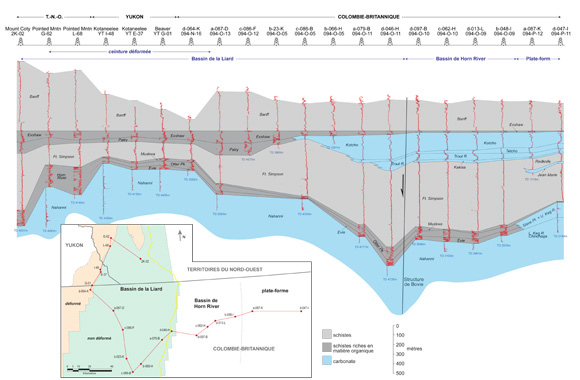 Figure A.1. Coupe transversale de la zone d’étude avec pour référence la partie supérieure de la formation d’Exshaw