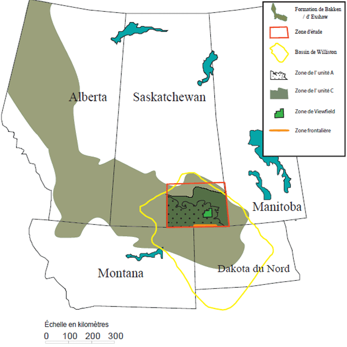 Figure 1 : Carte générale illustrant l’emplacement de la formation de Bakken avec un encadré de la zone d’étude.
