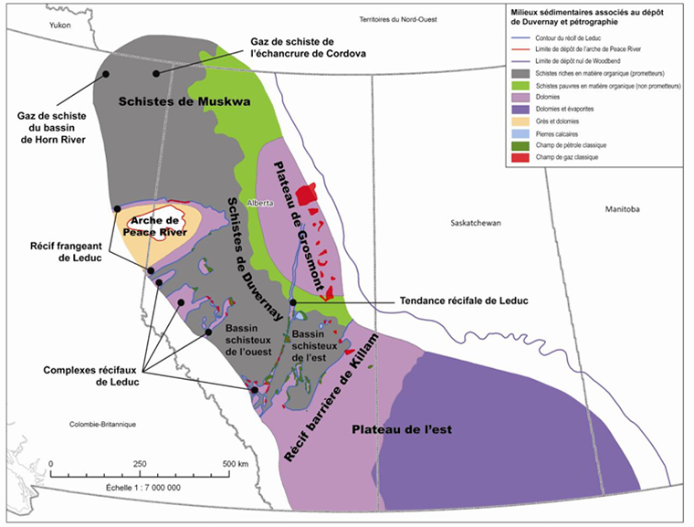 Figure&nbsp;2 &ndash; Emplacement des récifs, des plateformes carbonatées et des bassins durant l’apparition des dépôts de schiste de Duvernay
