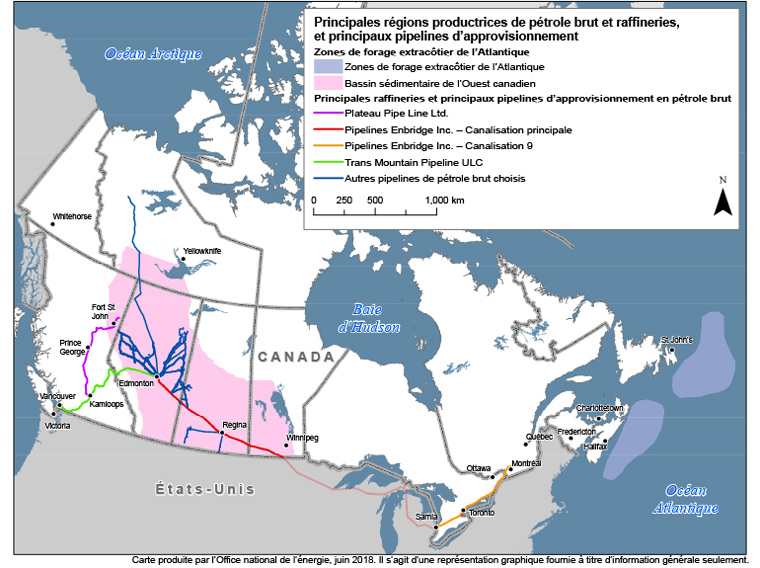Figure 2 : Principales régions productrices de pétrole brut et raffineries, et principaux piplines d'approvisionnement