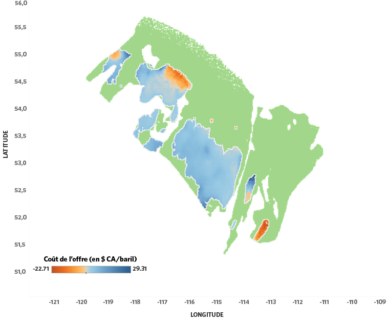 
Figure A4. Carte illustrant les coûts de l’offre du gaz naturel de la formation schisteuse de Duvernay, basés sur le coût des puits de 2018 et le prix du pétrole brut léger non corrosif constant à 70 $ CA/baril.

