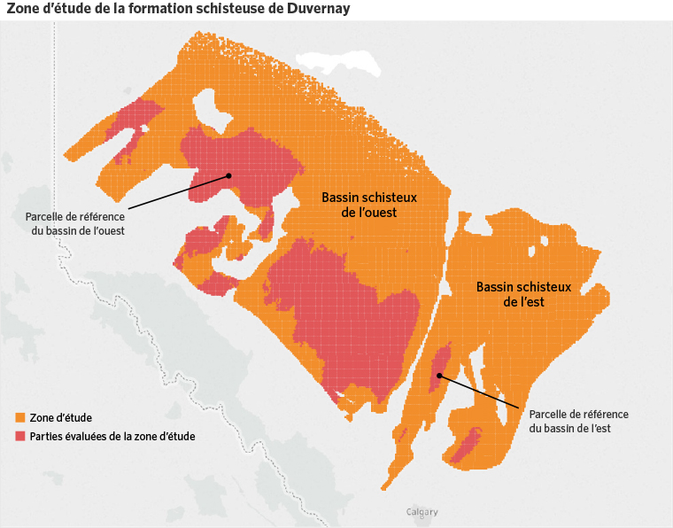 Figure&nbsp;B1 &ndash; Zone d’étude de la formation schisteuse de Duvernay et zone d’étude évaluée
