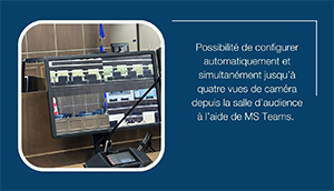 microphone et écran d'ordinateur affichant MS Teams dans la salle d'audience de la REC