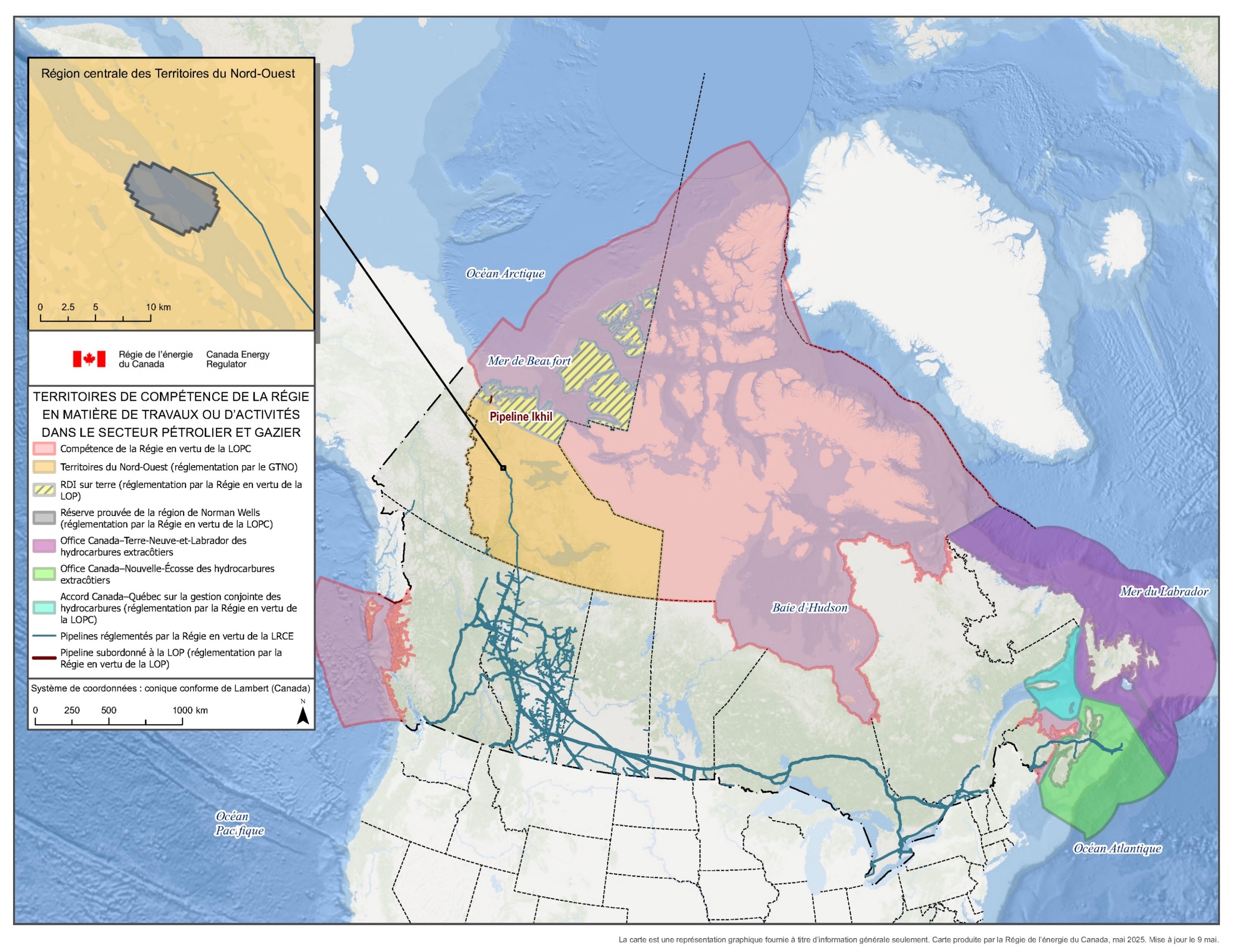 Carte du Canada illustrant les zones dont les activités pétrolières et gazières relèvent de la compétence de la Régie