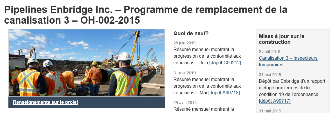Saisie d’écran de la page du projet de la canalisation 3 d’Enbridge
