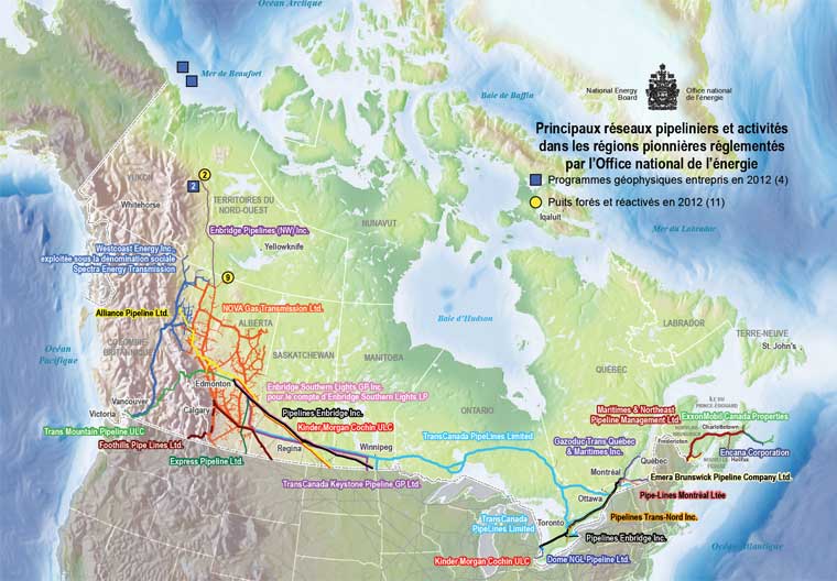 Principaux réseaux pipeliniers et activités dans les régions pionnières réglementés par l’Office national de l’énergie
