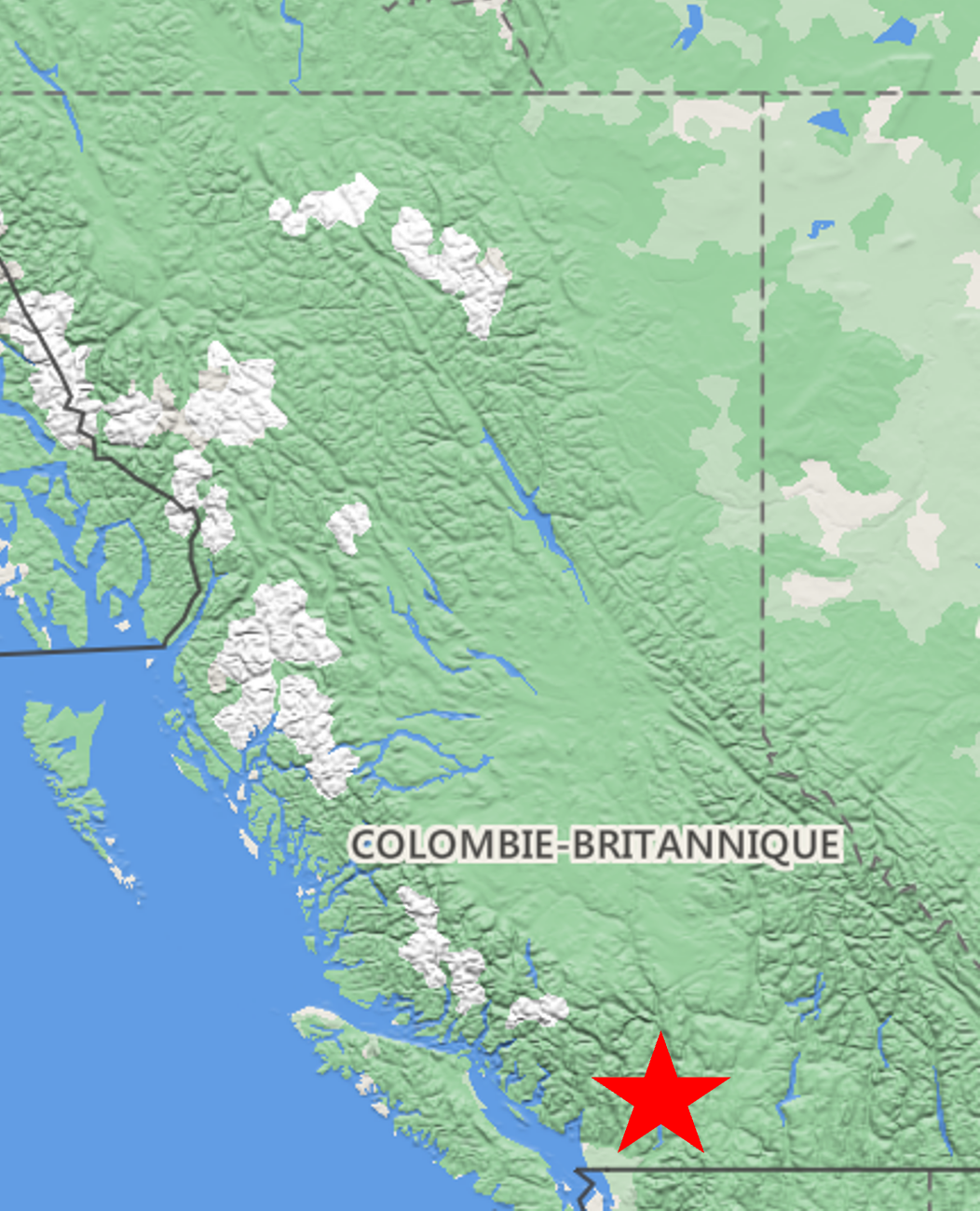 Carte de la Colombie-Britannique indiquant l’emplacement de la localité de Hope