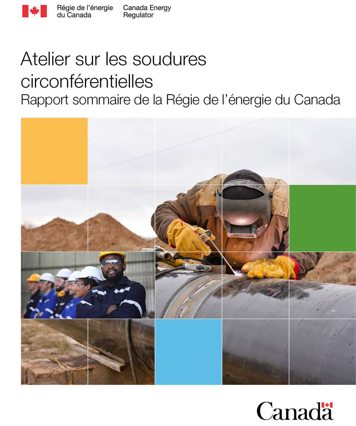 Des personnes effectuant une soudure circonférentielle sur le chantier et une file de travailleurs industriels portant de l’équipement de protection individuelle («&nbsp;ÉPI&nbsp;»)