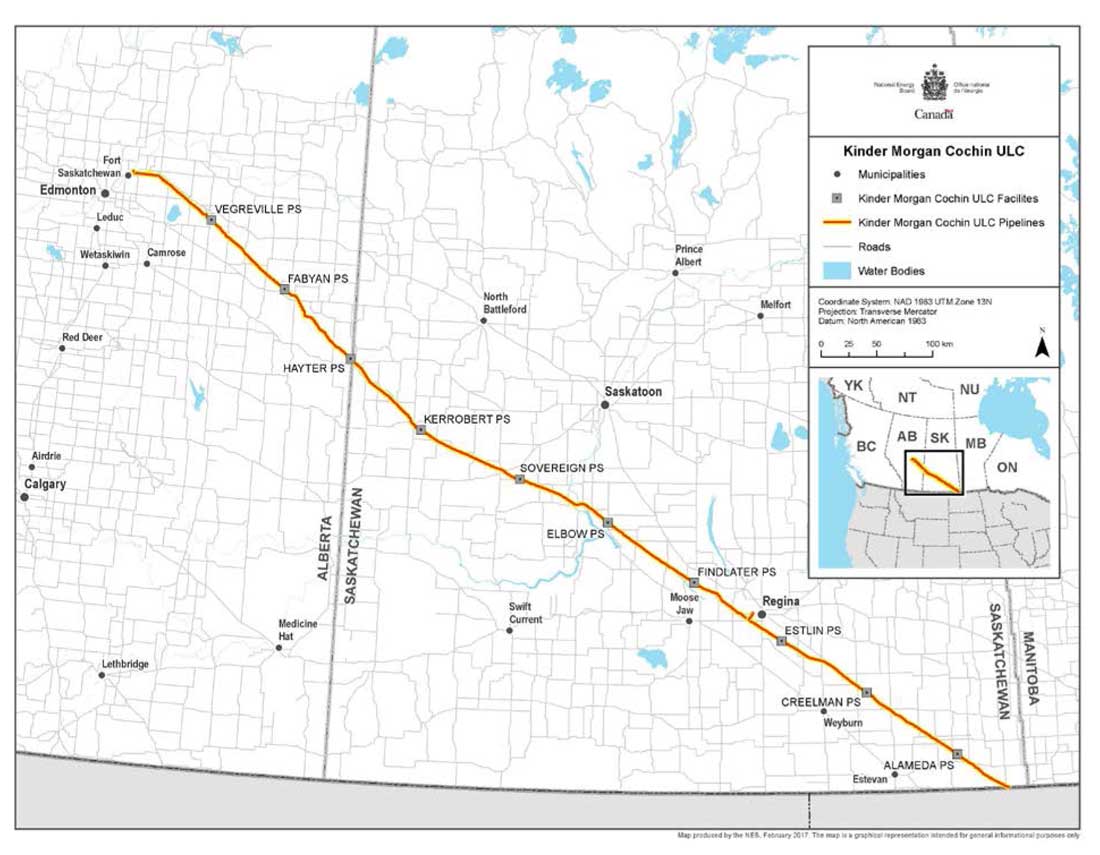 Figure 1: Kinder Morgan Cochin ULC &ndash; Carte et description des réseaux de canalisation